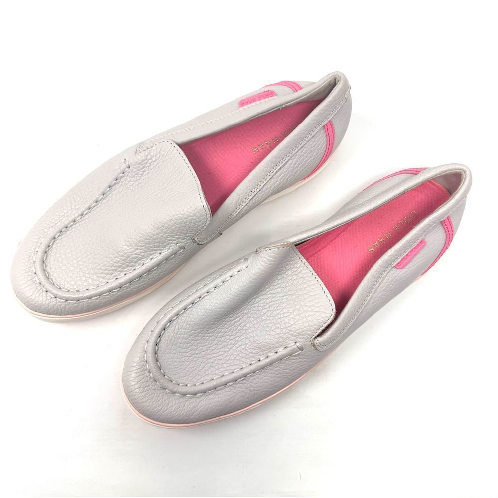 Women’s Grey Leather Slip-On Loafers with Pink Insole